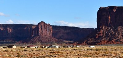 Houses on Navajo Nation outside Monument Valley Tribal Park, Mitchell Butte, Gray Whiskers, and Mitchell Mesa, Arizona 555 