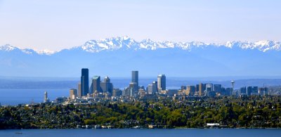Seattle Skyline, Smith Tower, Space Needle, Puget Sound, Olympic Peninsula, Olympic Mountains, Washington 003 