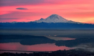 Red and Pink Sky at Sunset over Mount Rainier, Seward Park, Lake Washington, I-90 Floating Bridge, Seattle, Washington 600