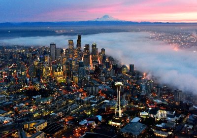 Red Sky at Sunset over Mount Rainier, Foggy Downtown Seattle, Space Needle, Pacific Science Center, Lake Washington, Washington 