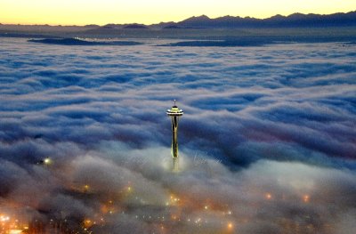 Space Needle above Fogmageddon, Puget Sound, Bremerton, Olympic Mountain, Seattle, Washington 375 