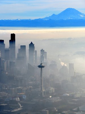Space Needle and Downtown Seattle in Heavy Fog, Mount Rainier, Seattle, Washington 072a  