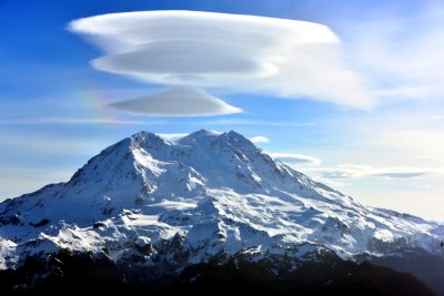 Triple Layers Standing Lenticular Cloud Formation over Mount Rainier National Park, Washington 095 