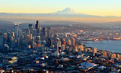 Space Needle, Seattle Skyline, Seattle Stadiums, Elliott Bay, Boeing Field, Lake Washington, Mount Rainier, Seattle, Washington 