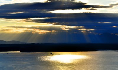 Washington State Ferry into Winslow on Bainbridge against evening light on Puget Sound, Olympic Mountains, Washington 142a