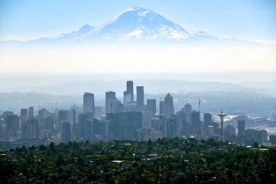 Seattle Skyline and Space Needle in Morning Haze, Mount Rainier and Little Tahoma, Washington 118a 