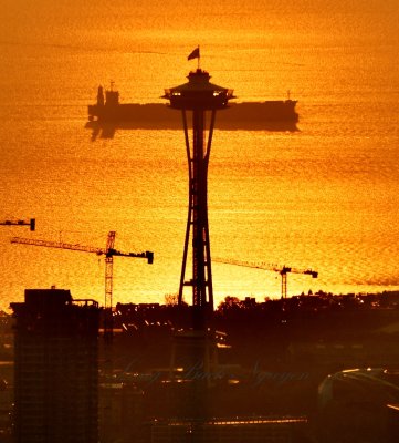 Space Needle at golden hour of Sunset in Seattle, Washington 397a  