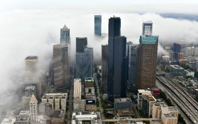 Fog Covered Seattle Central Business, Space Needle, Smith Tower, Interstate 5, Washington 147a 