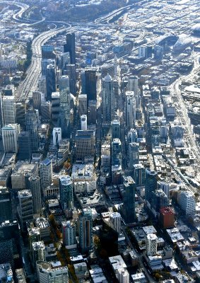 High over downtown Seattle, Interstate 5, Smith Tower, Seattle Stadium, Interstate 90, Pioneer Square, Chinatown-International  