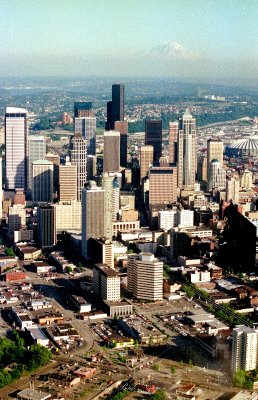 Looking south at Seattle Skyline in 1992, Elephant Carwash on Denny Street, Monorails, Kingdome, VA Hospital, Mount Rainier, 
