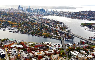 Portage Bay, University Bridge, Ship Canal Bridge, Lake Union, Space Needle, Seattle, Puget Sound, Alki Point, West Seattle, Was