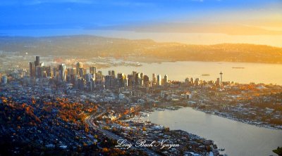 Golden Light of sunset over Seattle, Space Needle Lake Union, Puget Sound, West Seattle, Washington 141b 