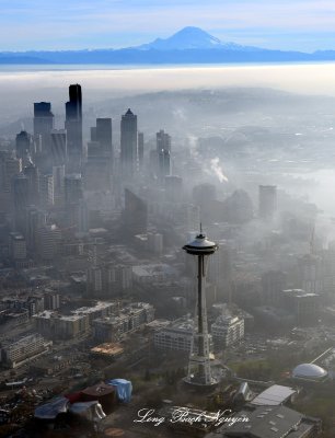 Space Needle, Foggy Seattle Skyline, Mount Rainier, Washington  
