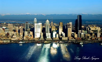 Seattle Skyline Reflection, Seattle Waterfront, Alaska Way Viaduct,  Cascade Mountains, Elliott Bay, Seattle, Washington 045