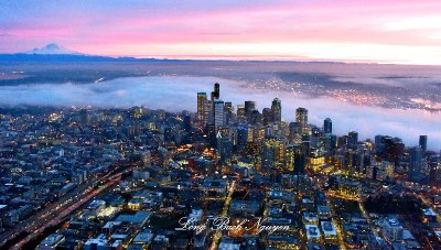 Red Sky at Sunset over Mount Rainier, Foggy Downtown Seattle, Washington 679 