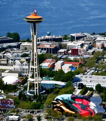 Space Needle, Chihuly Glass Garden, Pacific Science Center, Seattle Center, Museum of Pop Culture, P-I Globe, Elliott Bay, 