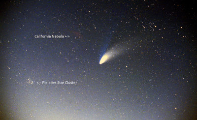 Comet Hale-Bopp with Pleiades and California Nebula