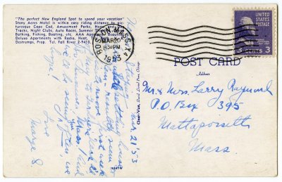 Stony Acres Ranch Motel Route 6, North Westport, Mass. reverse