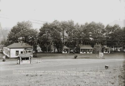 Adler's Deluxe Cabins, Mohawk Trail -- Route 2. Shelburne Falls, Mass. on Bank of Deerfield River Famous for Trout Fishing. B48