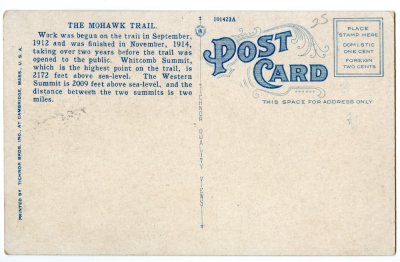 Curve of Beauty, Mohawk Trail, Mass. (Tichnor Cambridge card) reverse 