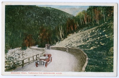 Mohawk Trail, through the Berkshire Hills. (Tichnor Boston, cars added)