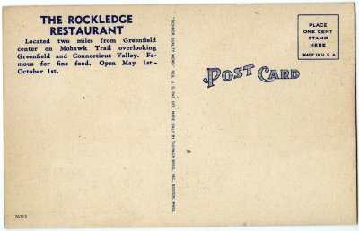 The Rockledge Restaurant on Mohawk Trail, Greenfield, Mass. reverse