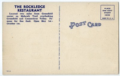 The Rockledge Restaurant on Mohawk Trail, Greenfield, Mass. reverse