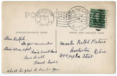 Sadies' Home. North Westport postmark reverse