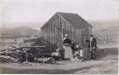 48 Gilbert and Hannah Wordell chopping wood near their shed (wpthist)