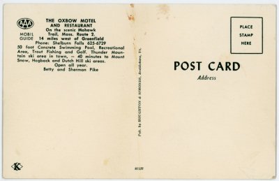 The Oxbow Motel and Restaurant On the scenic Mohawk Trail, Mass. reverse
