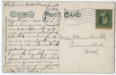 Methodist Episcopal Church, Shelburne Falls, Mass. reverse