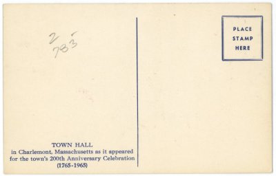 Town Hall in Charlemont, Massachusetts 1965 reverse