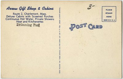 Arrow Gift Shop and Cabins on the Mohawk Trail, Charlemont, Mass. reverse