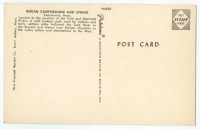Indian Campground and Spring Charlemont, Mass. reverse