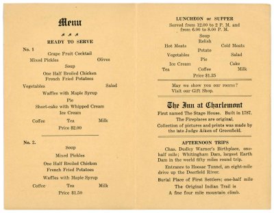 The Inn at Charlemont menu postcard interior