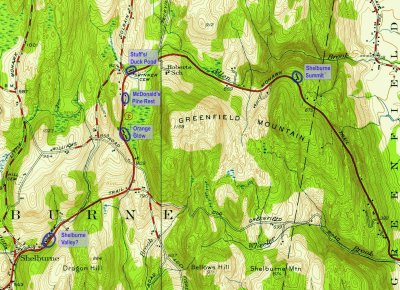 Shelburne locations marked on 1949 topo map