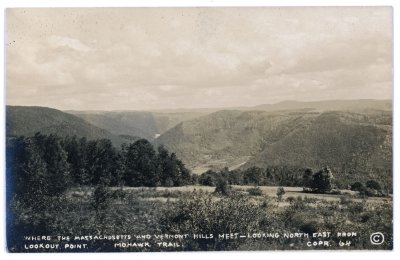 Where the Massachusetts and Vermont Hills Meet - Looking North East from Lookout Point.  Mohawk Trail. Copr. 64.jpg