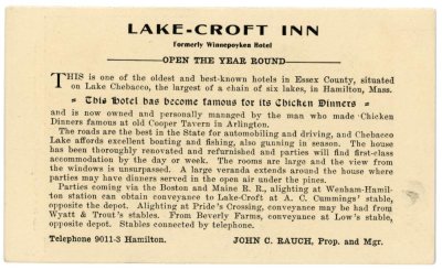 Lake-Croft Inn, at Hamilton, Mass. reverse