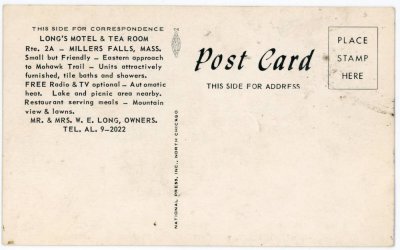 Long's Motel - Rte, 2, Mohawk Trail - Millers Falls, Mass. reverse