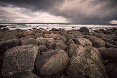 the Rocky shore of Uttakleiv Beach