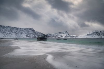 Haukland the carribean beach in the arctic region Lofoten before the dark