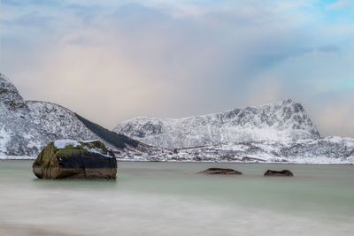 Haukland the carribean beach in the arctic region Lofoten before the dark
