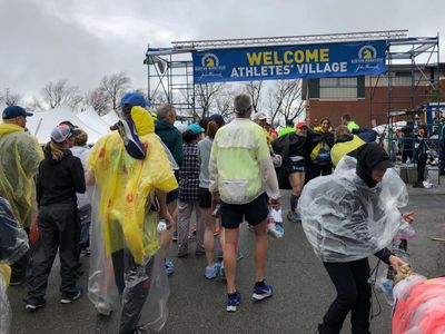 Arriving at the Athletes' Village in Hopkinton, located at the Hopkinton Middle and High Schools  (2019)