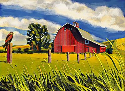 Red Barn & Hawk • original not available