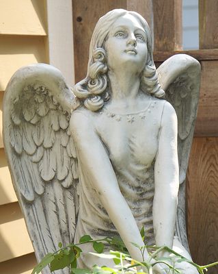 Angel gazing upward sculpture.