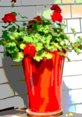 Red planter with geraniums (posterized).