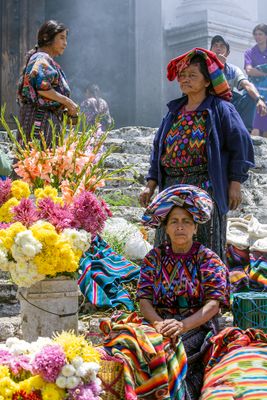 K'iche' Mayan Women Selling Flowers on the Steps of Santo Tomas