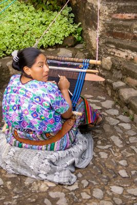 Mayan Woman Weaving on Backstrap Loom