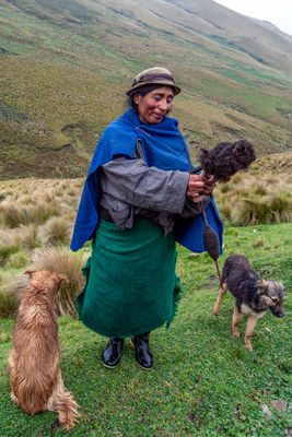 Quechua Shepherdess Spinning Llama Wool into Thread