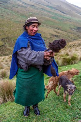 Quechua Shepherdess Spinning Llama Wool into Thread
